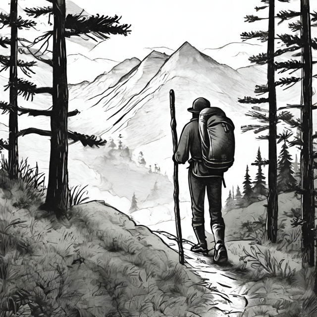 Illustration of man hiking in mountains.